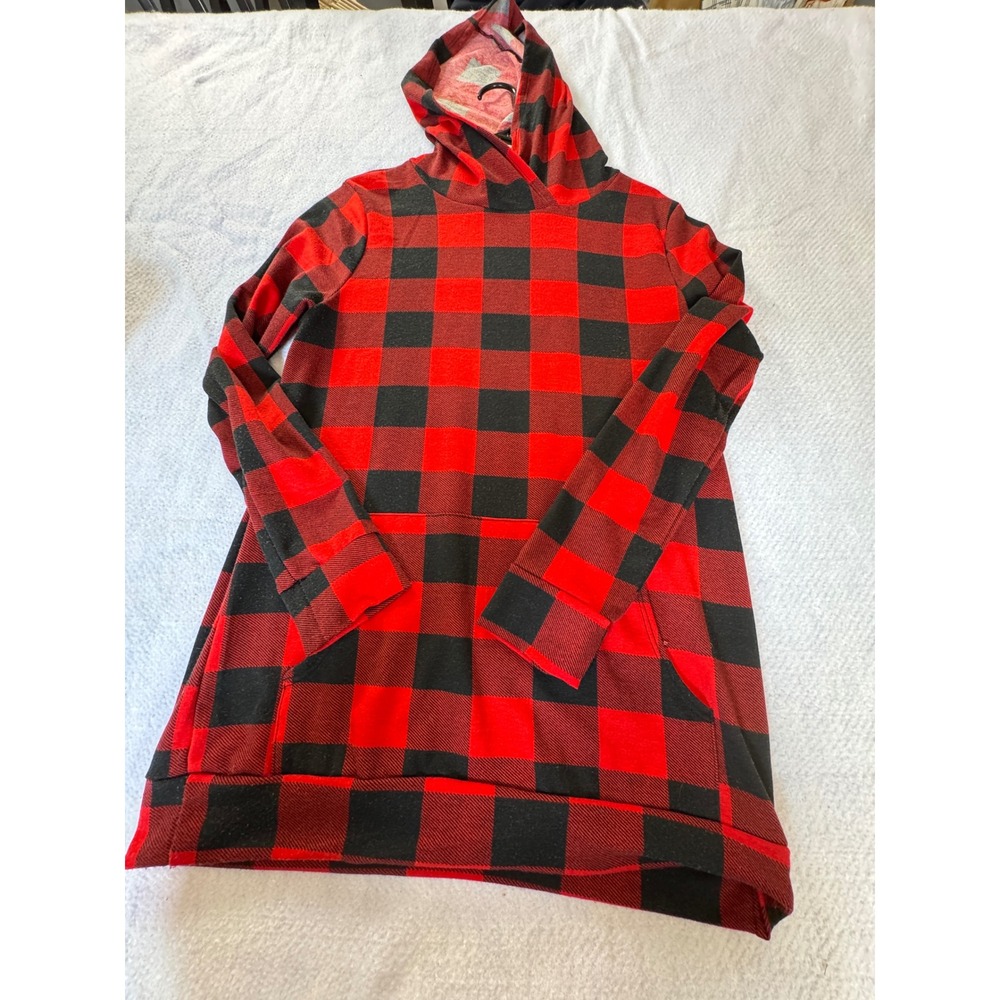 Cream n Sugar Red Black Buffalo Plaid Tunic Hoodie Sweatshirt Womens Medium